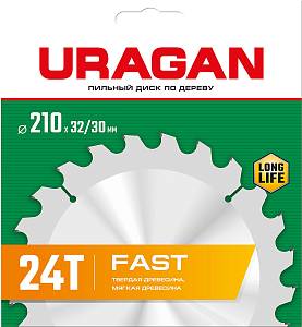 URAGAN Fast, 210 х 32/30 мм, 24Т, пильный диск по дереву (36800-210-32-24)